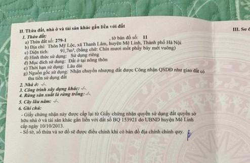 Cần bán nhanh lô đất tại Mỹ Lộc, Thanh Lâm, Mê Linh. dt 91m2. Giá tốt