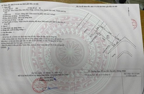 Bán 93.4m2 đất đấu giá tại Kim Hoa, Mê Linh. Giá 34.5tr/m2